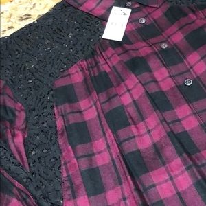 NWT Express plaid button down with lace inset